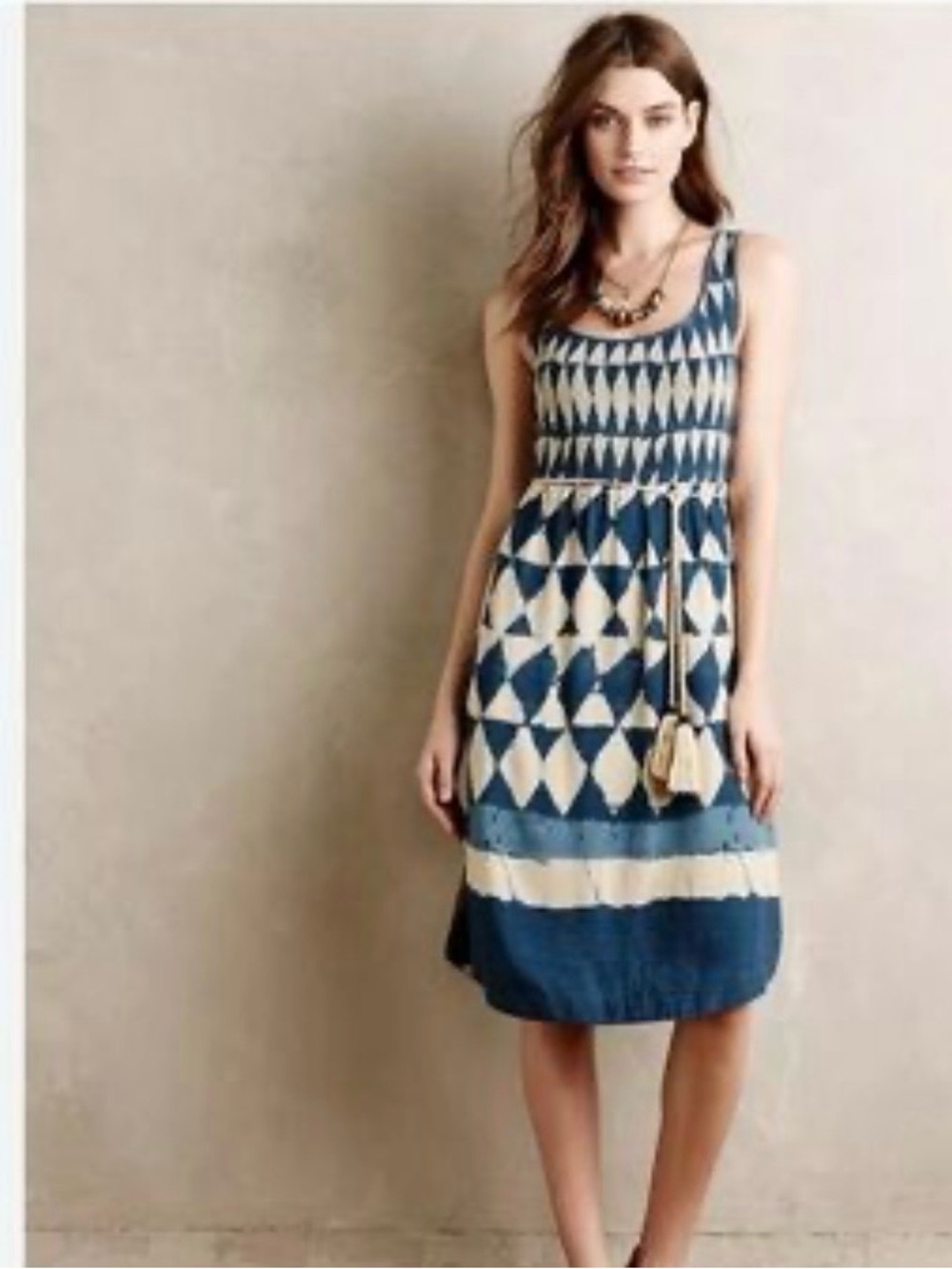 Anthropologie Navy and Cream Geometric Tie-Front Midi Dress